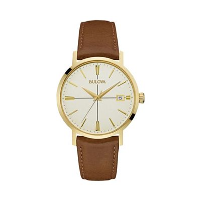 Men's yellow gold IP stainless steel leather strap watch 97b151